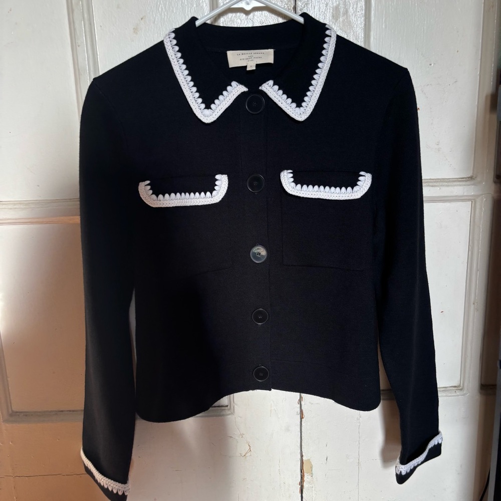 Sezane Betty Cardigan Size S Black & Ecru Crochet